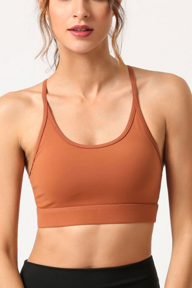 Fitness Ladies Solid Color Spaghetti Straps Scoop Neck Hollow Out Racerback Slim Fitted Crop Cami Top