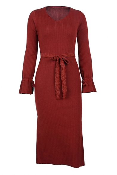 Formal Ladies Solid Color Long Sleeve V-neck Lace Bow Tied Waist Knit Slit Sides Mid Shift Sweater Dress