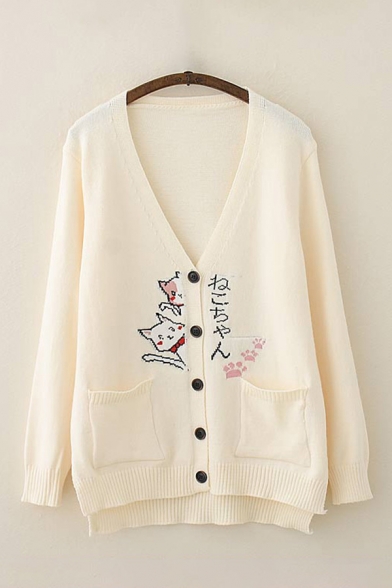 Japanese Letter Cat Embroidered Long Sleeve V-neck Button Up Knit Loose Fit Pretty Cardigan in Beige