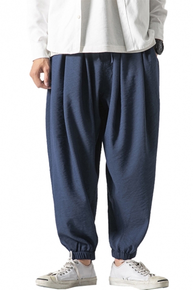 Leisure Mens Linen and Cotton Solid Color Drawstring Waist Cuffed Ankle Oversize Pants