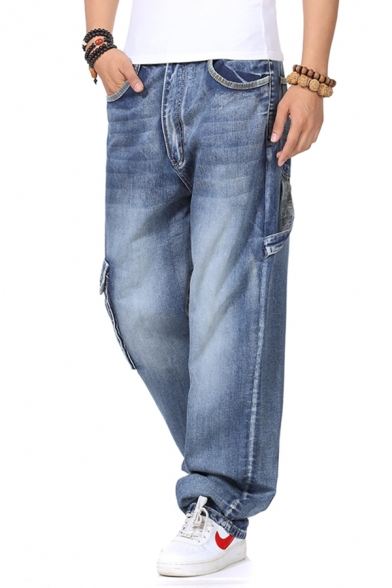 Men's Cool Plain Zipper Fly Multi Pockets Wide Leg Denim Pants Baggy Jeans