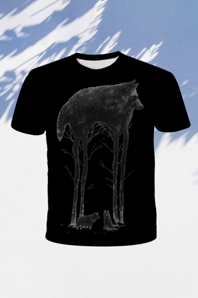Mens 3D Stylish T-Shirt Cartoon Animal Wolf Tree Woods Pattern Round Neck Slim Fit Short Sleeve Tee Top