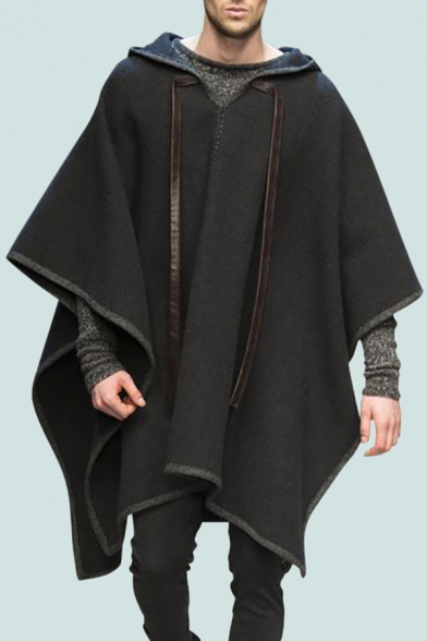 Mens Cape Coat Stylish Contrast Trim Woolen Cloth Asymmetric Hem Loose Fitted Half Batwing Sleeve Hooded Cape Coat