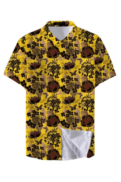 Mens Chic Shirt All over Floral Leaf Butterfly Print Button down Fitted Spread Collar Short Sleeve Shirt