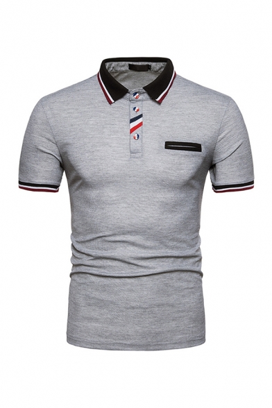 Mens Polo Shirt Trendy Contrasted Stripe Trim Button Detail Turn-down Collar Slim Fit Short Sleeve Polo Shirt