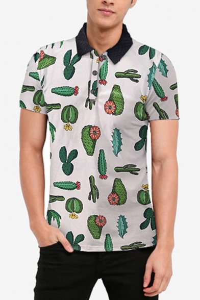 Mens Polo Shirt Unique Cactus Printed Quick-Dry Button Detail Short Sleeve Turn-down Collar Relaxed Fit Polo Shirt