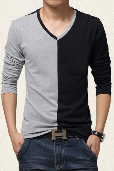 Mens T-Shirt Stylish Two-Tone Cotton V Neck Long Sleeve Slim Fitted T-Shirt
