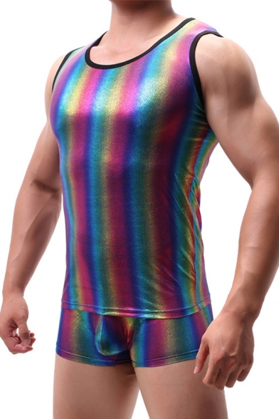 Mens Tank Top Stylish Abstract Rainbow Striped Pattern Sleeveless Round Neck Skinny Fitted Tank Top