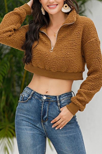 New Plain Half-Zip Stand Collar Long Sleeve Cashmere Fluffy Fleece Warm Crop Sweatshirt
