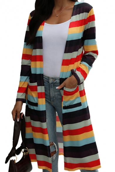 Popular Womens Colorful Stripe Printed Long Sleeve Open Front Long Relaxed Fit Cardigan