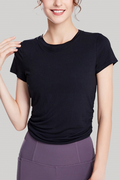 Popular Womens Solid Color Short Sleeve Crew Neck Cut Out Twist Hem Regular Fit Crop T Shirt