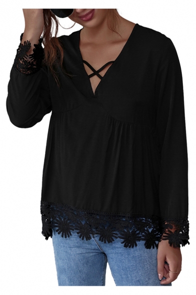 Pretty Womens Black Long Sleeve Hollow Out V-neck Crochet Hem Ruffled Loose Fit T Shirt