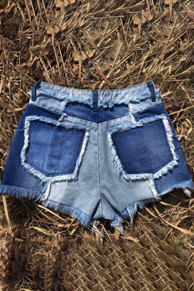 Retro Womens Shorts Two-Tone Paneled Frayed Hem Zipper Fly Regular Fitted Denim Shorts