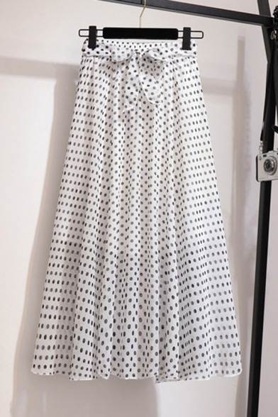 Simple Skirt Polka Dot Pattern Bow Pleated High Rise Elastic Maxi A-Line Skirt for Women