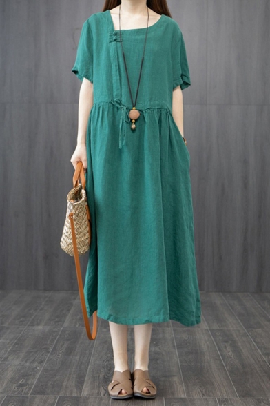 Simple Womens Linen and Cotton Plain Short Sleeve Asymmetric V-neck Frog Button Drawstring Waist Mid Swing Dress