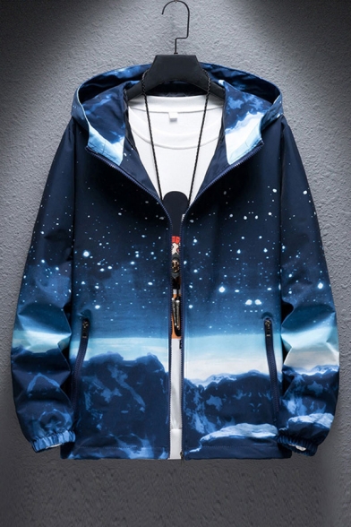 Stylish Jacket Mountain Snow Sparkle Sky Print Pockets Hooded Zip Placket Elastic Cuff Regular Fit Long-sleeved Relaxed Jacket for Men