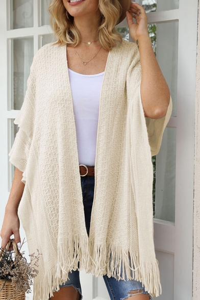 Stylish Womens Plain Tassel Cape Dolman Sleeve Open Front Oversized Knit Cardigan