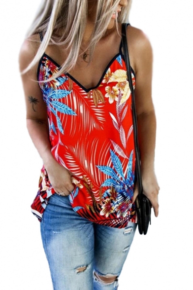 Trendy Floral Leaf Print Backless Contrast Trim V Neck Spaghetti Straps Sleeveless Oversized Cami Top for Women