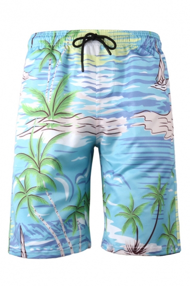 Tropical Style Shorts Coconut Tree Wave Flamingos 3D Printed Pockets Drawstring Knee Length Straight Fit Relaxed Shorts for Men