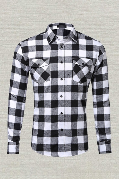 Vintage Mens Shirt Plaid Printed Chest Pockets Spread Collar Button-down Slim Fitted Long Sleeve Shirt