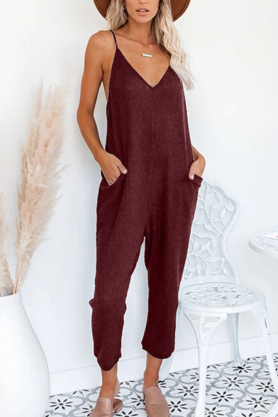 Vintage Womens Jumpsuits V-Neck Regular Fitted Spaghetti Strap Tapered Capri Jumpsuits