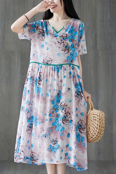 Vintage Womens Tie Dye Flower Print Pleated V Neck Short Sleeve Oversize Midi Dress