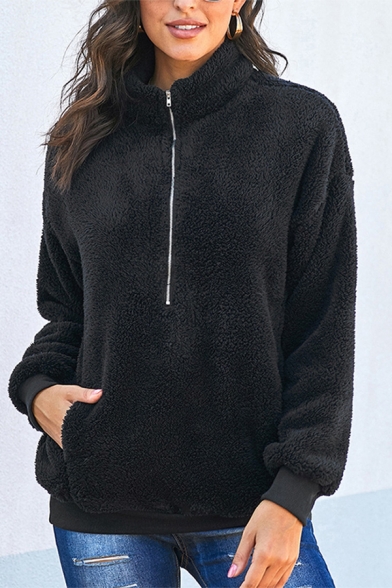 Women's Fashion Warm Fluffy Teddy Stand-Collar Half-Zip Long Sleeve Plain Sweatshirt