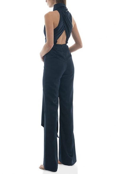 Women's Trendy Jumpsuits Solid Color Zipper Button Detail Full Length Sleeveless High Neck Tie Flared Jumpsuits