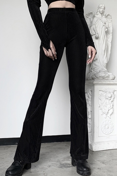 Women's Trendy Trousers Plain Ribbed High-rise Full Length Flared Elastic Waist Trousers in Black