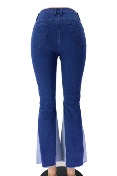 Womens Blue Jeans Chic Two-Tone Paneled Frayed Cuffs Zipper Fly Ankle Length Regular Fit Flare Jeans