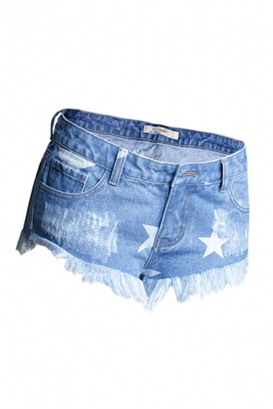 Womens Blue Shorts Chic Star Pattern Fringe Cuffs Low Rise Regular Fitted Zipper Fly Denim Short Shorts