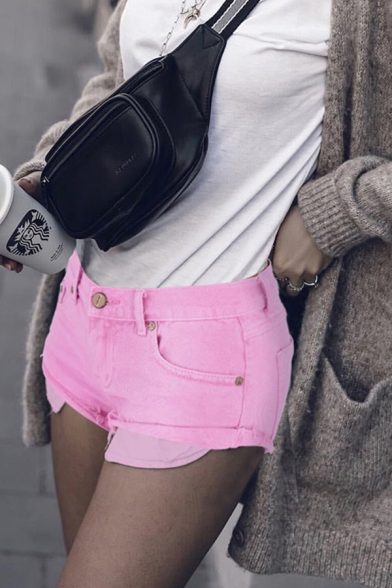 Womens Fancy Shorts Solid Color Raw Hem Mid-rise Mini Zip Placket Slim Fit Pockets Pink Denim Shorts