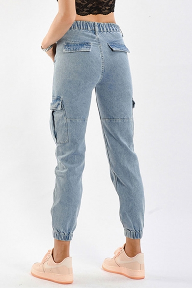 Womens Jeans Blue Fashionable Flap Pockets Cuffed Zipper Fly Ankle Length Regular Fit Tapered Jeans with Washing Effect