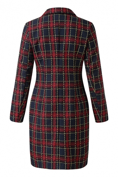 Womens Sexy Red and Green Plaid Print Long Sleeve Lapel Collar Double Breasted Slim Fit Classic Blazer Dress