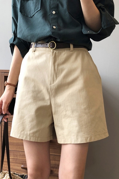 Womens Shorts Creative Solid Color Zippered Partially Elastic Waist Regular Fitted Relaxed Shorts with Belt