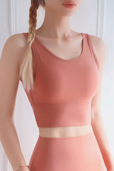 Yoga Girls Solid Color Scoop Neck Backless Slim Fit Cropped Tank Top