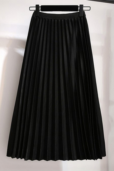 Basic Ladies Skirt Solid Color Pleated High Rise Elastic Relaxed Fitted Maxi A-Line Skirt