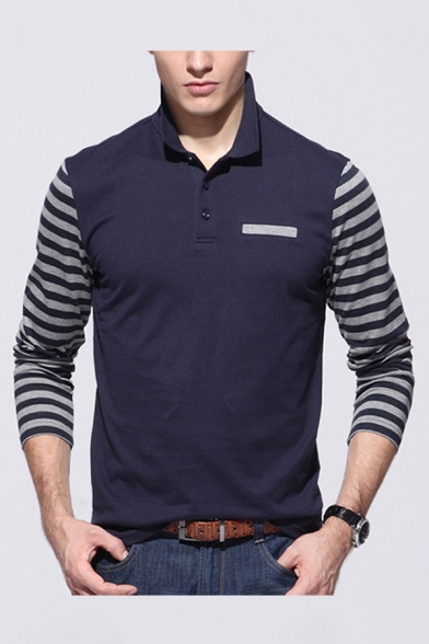 Basic Mens Polo Shirt Contrasted Button Detail Turn-down Collar Slim Fit Long Striped-Patch Sleeve Polo Shirt