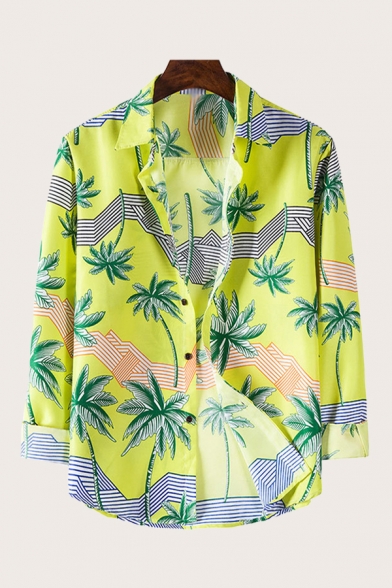 Basic Mens Shirt Coconut Tree Abstract Striped Pattern Button-down Long Sleeve Turn-down Collar Regular Fit Shirt