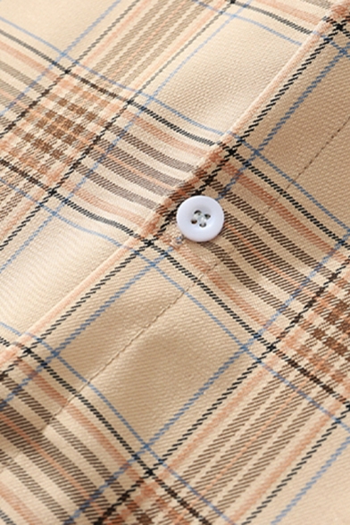 Basic Mens Shirt Tartan Printed Curved Hem Button-down Long Sleeve Point Collar Loose Fit Shirt