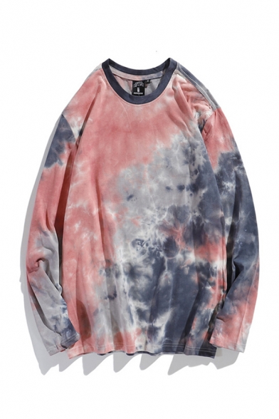 Basic Mens T-Shirt Tie Dye Cotton Loose Fitted Long Sleeve Round Neck T-Shirt