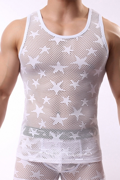 Basic Mens Tank Top Star Pattern Breathable Mesh Round Neck Slim Fitted Sleeveless Tank Top