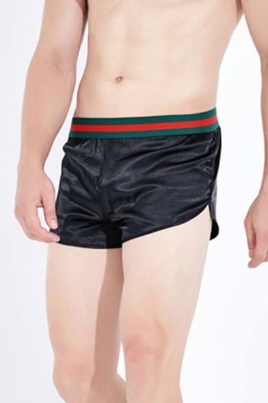 Black Sexy Mens Patchwork Elastic Waist Mid Rise Loose Fit Pajama Shorts