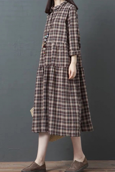 Casual Linen and Cotton Plaid Printed Long Sleeve Turn Down Collar Button Up Ruffled Mid Swing Shirt Dress in Coffee