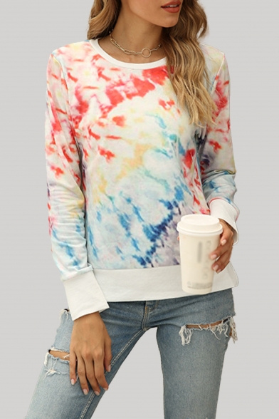Casual Tie Dye Printed Long Sleeve Crew Neck Relaxed Fit T Shirt in Red