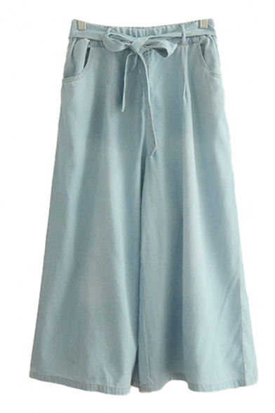 Casual Wide Leg Pants Bow Stitch Pocket Elastic High Rise Oversize Ankle Length Wide Leg Pants for Women