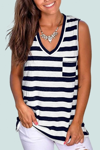 Casual Womens Striped Printed Chest Pocket V Neck Sleeveless Loose Tank Top