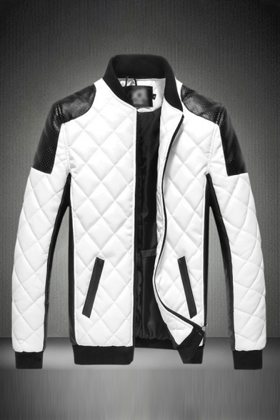 Classic Mens Jacket Contrasted Panel Quilted Detailing Zipper Detail Stand Collar Slim Fitted Long Sleeve Leather Jacket