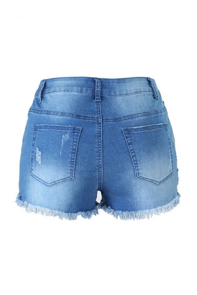 Classic Womens Blue Shorts Medium Wash Distressed Frayed Hem Zipper Fly Slim Fitted Denim Shorts