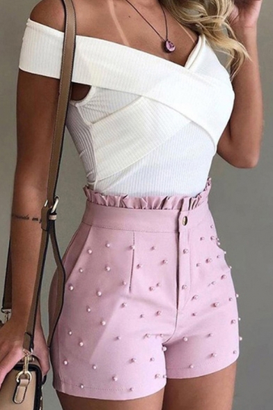 

Classic Womens Shorts Set Bead Decoration Pleated Stringy Selvedge Waist Zipper Fly Regular Fitted Relaxed Shorts, Black;pink;white, LM673615